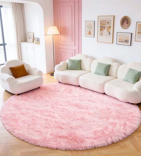 ROHATIM Tapis Rond Salon Shaggy Descente de lit Chambre Grande Taille Moelleux Carpette Décoratif de Style Moderne Canapé Natte(Rose,Ø 100 cm Rond)