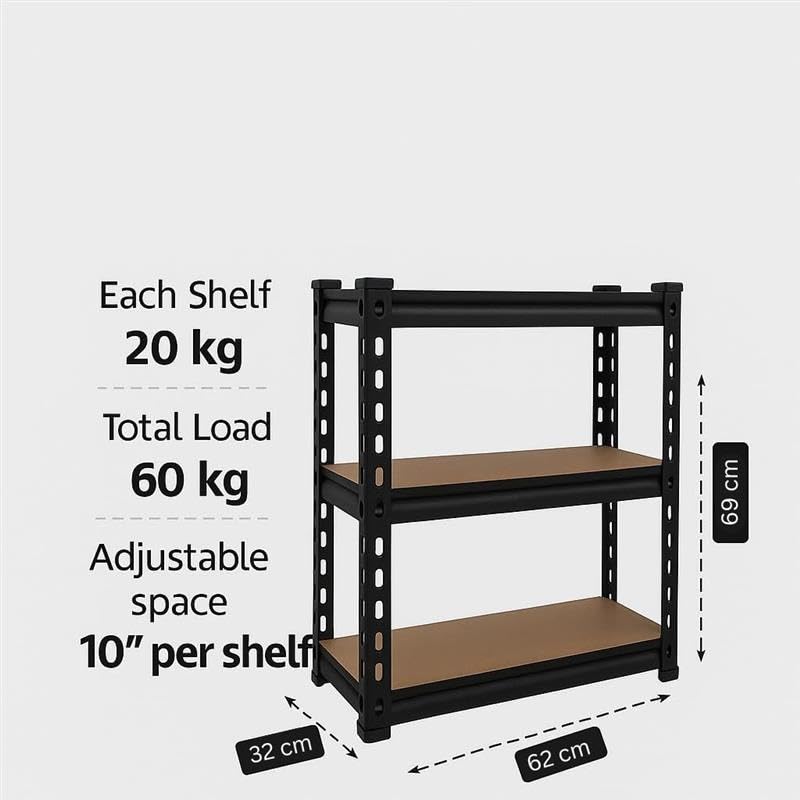 Image of BonKaso Adjustable Set of 3-Shelf Metal Storage Shelving Unit, Steel Bootless Rivet Utility Display Rack Garage Shelves,27 Inches Height(27 X 24 X 12 Inc) Black