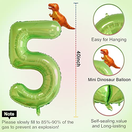 40 Inch Green Number 5 & Mini Dinosaur Balloon For Boys Birthday Party Decorations, 5Th Birthday Dinosaur Party Supplies Jungle Green Theme Birthday Patry Balloons Decorations #TOP1