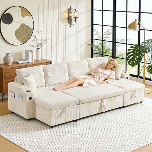 Sofá esquinero en forma de U con portavasos y puertos USB, sofá cama de 4 plazas, sofá convertible con 2 chaise longues y compartimentos de almacenamiento, sofás modulares en U con bolsillos laterales