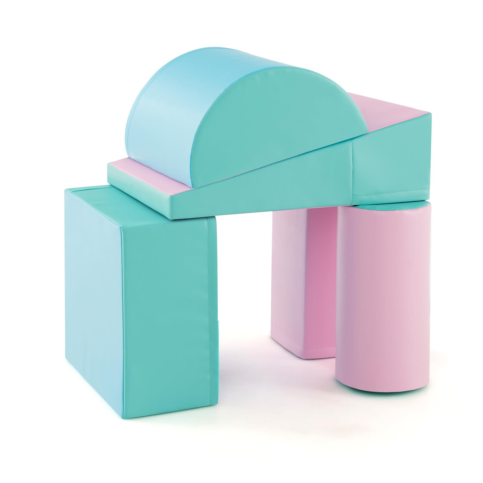 LIFEZEAL Set di 5 Blocchi Morbidi in Schiuma per Bambini 9-36 Mesi, Costruzioni, Libera Combinazione, Mattoni Cubi Componibile, Giocattolo Attività, con Scivolo, Arrampicata (verde+rosa)