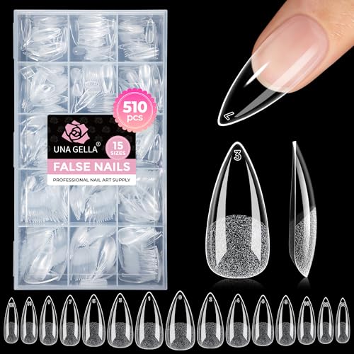 UNA GELLA Stiletto Gel Nail Tips:510Pcs Full Cover Nail Tips Medium Stiletto Almond Pre-etched Fake Clear Acrylic False Nails Sturdy Press on Nails for Nail Extensions Home DIY Salon 15 Sizes