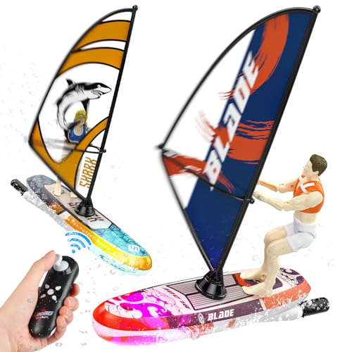 DEERC 2 Pack Remote Control Boat for Kids,2.4Ghz RC Sailboat with LED Lights for Pools,Lake and Bathtub,Summer Outdoor Water Toys Never Capsize Gift for Kids Boys Girls
