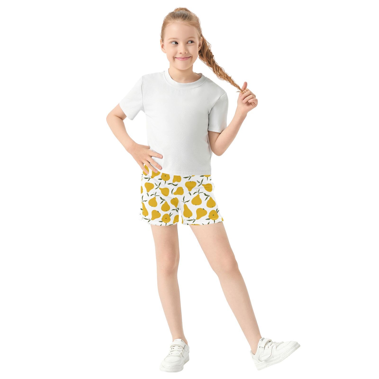 pnyoin Girl's Shorts Yellow Pear Athletic Running Shorts with Pockets Size 12-13t