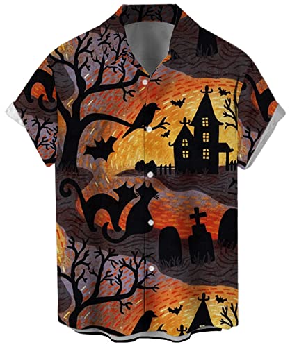 Deer Lady 2025 Halloween Button Down Shirts for Men Funny Pumpkins Hawaiian Short Sleeve Casual Bowling Shirt