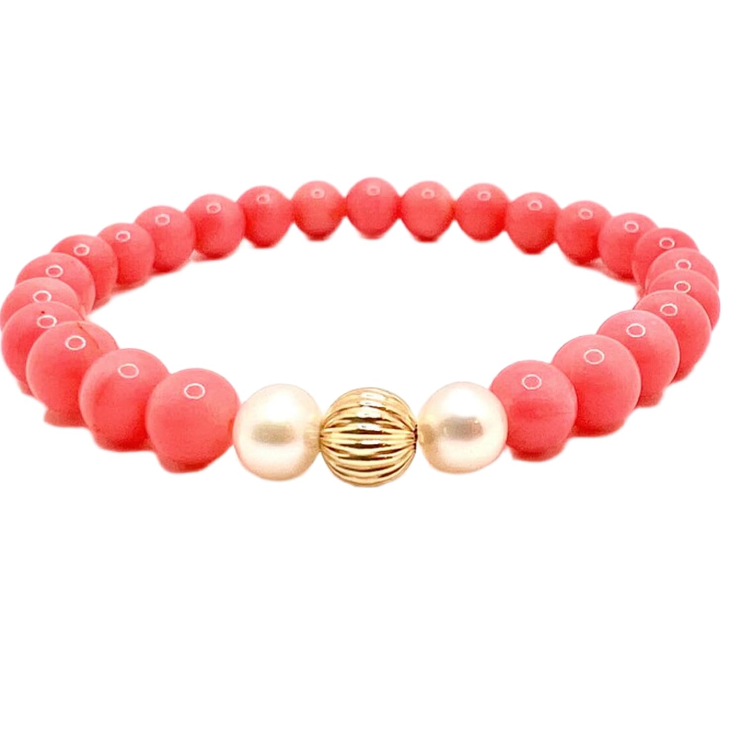 natürlicher rosa Koralle & Süßwasserperle Edelstein 6mm | runde Form, glatt geschliffener Stein | 7 Zoll | rosafarbener Edelstein | Energie-Stretcharmband | handgefertigter Schmuck | LSB_01562