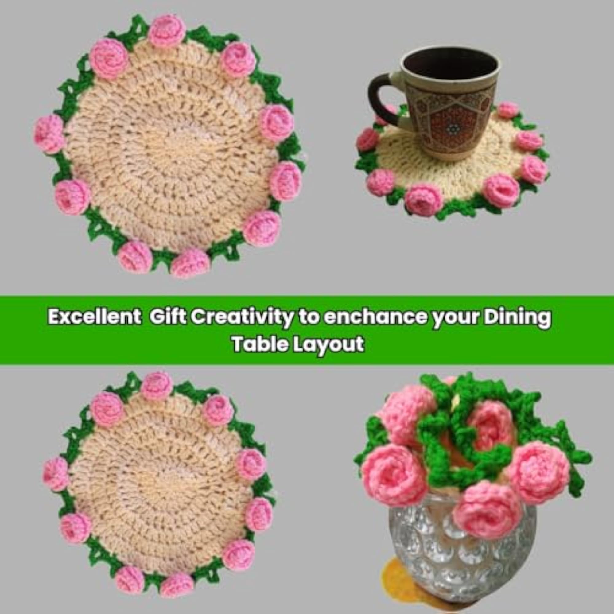 Handmade Crochet Flower Coaster, Pink Drink Cup Mat