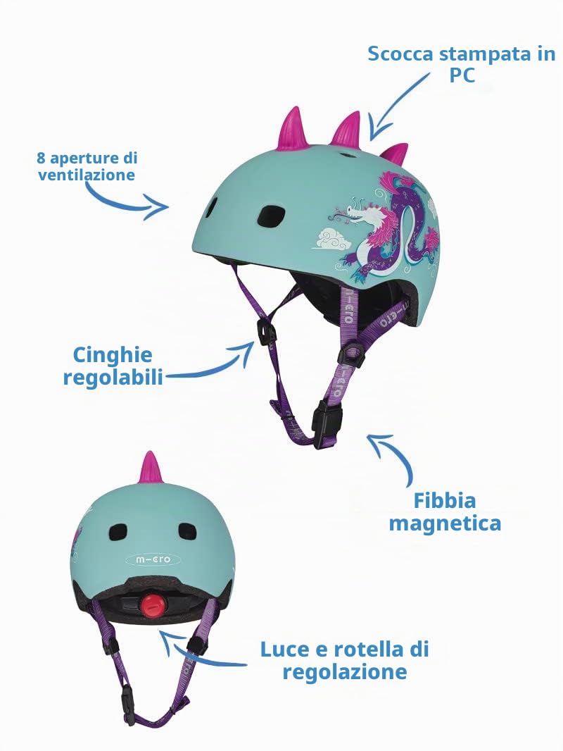 Micro | Casco per bambini per monopattino o bicicletta | Luce posteriore di sicurezza a 3 posizioni | Ultralight 250 grammi | Chiusura magnetica | Bambini e ragazze