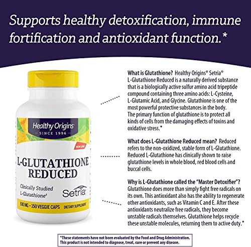 Healthy Origins L-Glutathione (Setria) Reduced, 500 Mg - Immune Support Supplement - Collagen & Antioxidant Support - Gluten-Free Supplement - 150 Veggie Capsules #TOP6