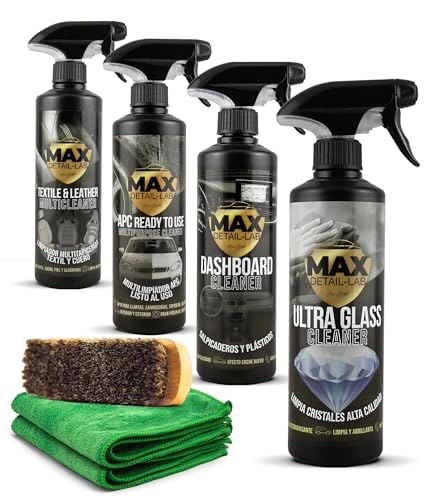MAX DETAIL-LAB - Interior Pack - Kit de limpeza de carro interior com acessórios, limpa tapeçarias têxtil pele de couro, limpeza de respingos, APC limpador, limpa, limpa, vidros profissionais, carro
