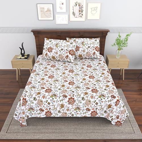 Image of Mafatlal Saanjh 144 TC Cotton Double Bedsheet 90x100 Inch | Stylish Printed Cotton Bedsheet for Home | Soft & Durable | 2 Pillow Covers Included | Espresso Brown