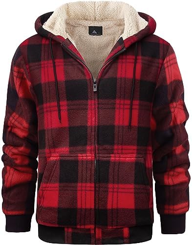 geeksport Fleecejacke Herren Sweatjacke Männer mit Kapuze Warme Kapuzenjacke Gefüttert Winterjacke Kariertes Hoodie mit ReißVerschluss