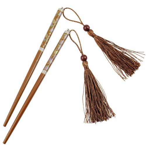 Oriental Floral Wood Chopstick Hair Stick with Tassels Brown [Pair]