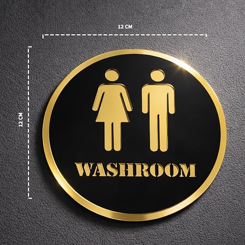 Image of Washroom Round Acrylic Signage Sticker - Self-Adhesive Toilet Sign for Office, Storefront, Cafe, Hotel, Restaurant, Business & Shop - Premium Black Gold Label for Smooth Surfaces
