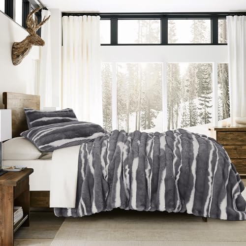 Image of Wonderful 3 Pieces Fluffy Faux Rabbit Fur Comforter Set Queen Size, Dark Gray Plush Fuzzy Bedding Set, Animal Stripes Design Warm Soft Comforter Bedding Set for All Season,90 inchx94 inch