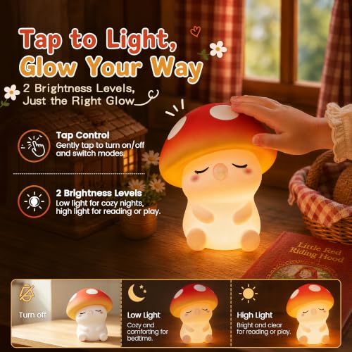 Image of FAMIDUO Mushroom Night Light, Squishy Silicone Touch Bedside Nursery Lamp | Warm Glow, Safe BPA-free Silicone, 20-min Auto Sleep Timer, 2 Brightness,Kids Room Decor, Baby Shower Gifts for Girls Toddler
