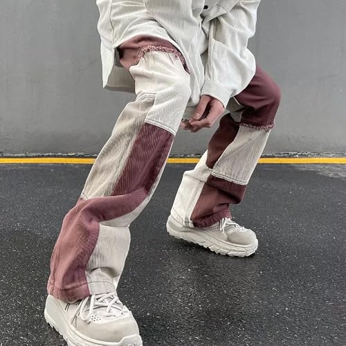 Patchwork Jeans for Men Color Block Straight Leg Vintage Denim Pants White and Brown Streetwear Frayed Style2