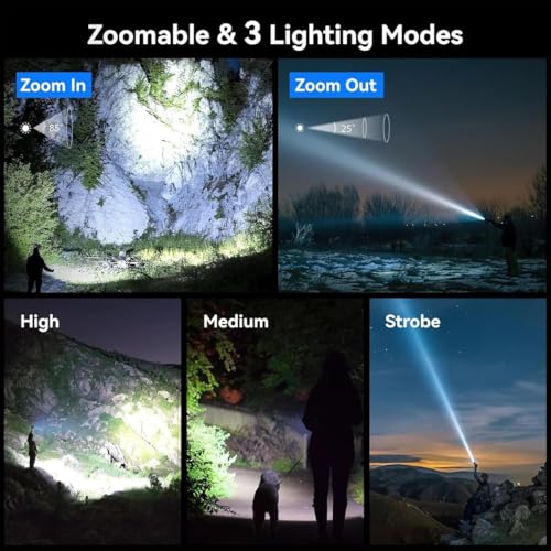 Image of Rechargeable Flashlight - 10000 Lumen High Power LED Torch, 1200M Long Beam, USB-C Charging, 10+ Hours Runtime, Adjustable Zoom Light for Camping, Hiking, Emergency, Outdoor Use (M931 Black)