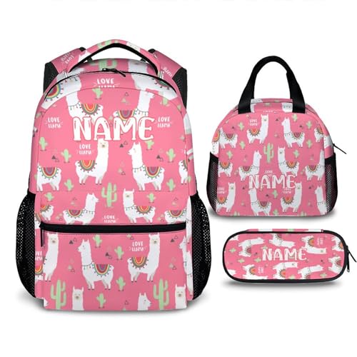 Custom Kids Backpack with Lunch Box Set, 3 in 1 School Backpacks Matching Combo for Boys Girls, Personalized Cute Alpaca Bookbag and Pencil Case Bundle