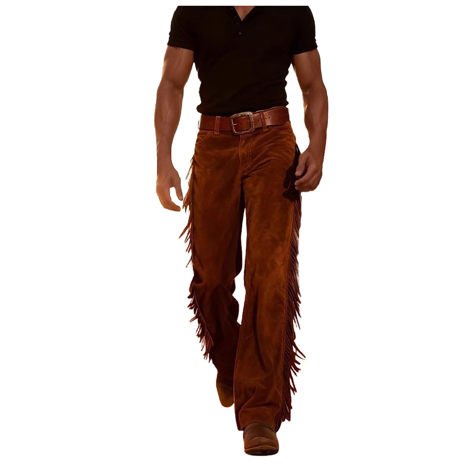 Men's Western Fringe Trouser Vintage Suede Look Wide Leg Pants Cowboy Style Halloween Costume Bottoms Retro Flare Jeans with Side Fringing for Themed Parties (Coffee, L)