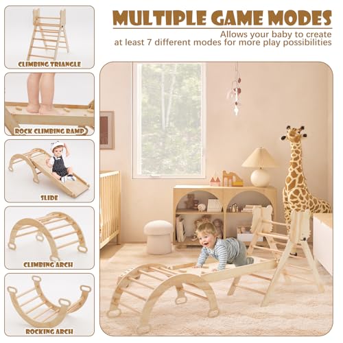 Image of Pikler Triangle Set for Toddlers 7in1 Foldable Climbing Toys for Kids ,Wooden Montessori Climb Set with Arch&Ramp&Ladder Baby Climbing Gym Toys 3+Years