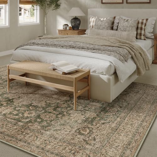 8x10 Washable Green Vintage Area Rug for Living Room Bedroom Large Traditional Low Pile Soft Carpet Non-Slip Thin Retro Distressed Accent Throw Rug for Dining Room Office Kitchen Indoor