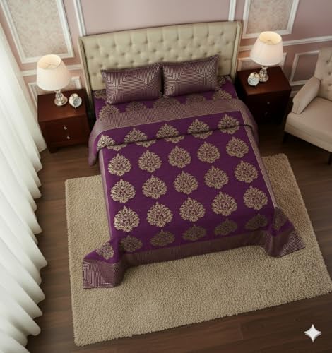 Image of Fresh from Loom Bed Cover, Dimas Print Printed Bedsheet Set with 2 Pillow Covers, Chenille 500 TC Fabric, Soft Comfortable Bed Cover for Bedroom Decor, Br 90x100 Inches | Jhumka Purple | Chenille