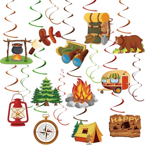 Image of 58 Pcs Camping Party Hanging Swirls Camping Themed Party Decorations Campings Adventure Hanging Foil Swirls Ceiling Decorations for Kids Adults Campings Theme Party Indoor Outdoor Baby Shower
