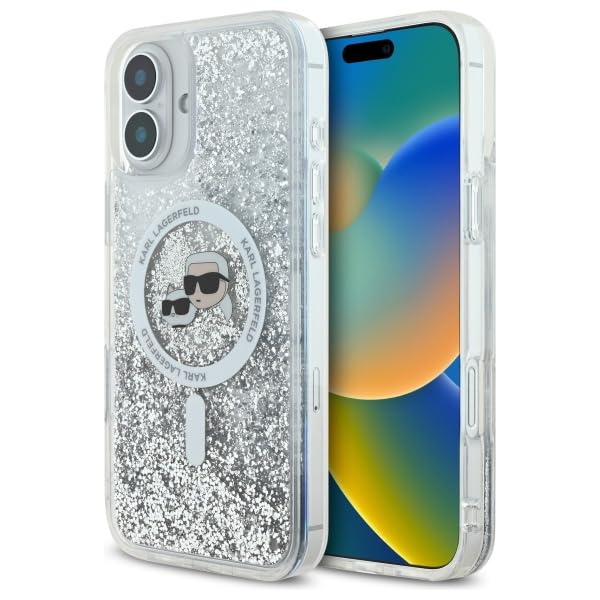 CG Mobile Karl Lagerfeld KLHMP16MLGKCSGH Coque de Protection pour iPhone 16 Plus 6,7" Transparent Liquid Glitter TĂŞte Karl & Choupette