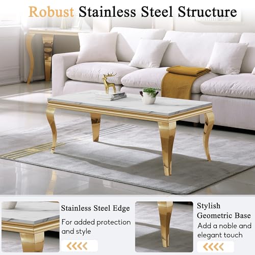 Image of Luxury Coffee Table Set of 3, White Gold Coffee Table with End Table Sets, Modern 3 Piece Living Room Table Set with Faux Marble Top & Stainless Steel S Legs for Apartment Home Office