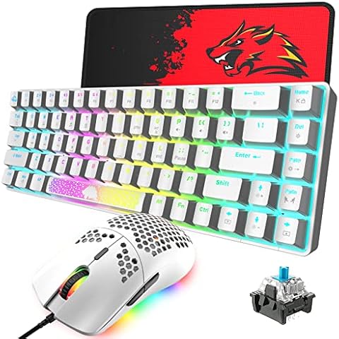 60% Compact Mechanical Gaming Keyboard with 18 RGB Light Type-C Wired 68 Key Anti ghosting + Optical Honeycomb Gaming Mouse with 6400 DPI + Mouse Pad Set, For PC/Windows/Laptop/Mac (White/Blue Switch) Cover