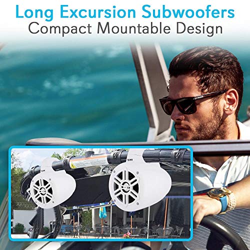 Image of Pyle Waterproof Marine Wakeboard Tower Speakers - 4 Inch Dual Subwoofer Speaker Set with 300 Max Power Output - Boat Audio System Kit w / Titanium Dome Tweeters & Mounting Clamps PLMRWB45W (White)