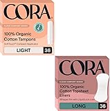 Cora Period Essentials | Organic Cotton Long Liners & Light Absorbency Applicator Tampons | Ultra Thin, Quick Absorbency | Hypoallergenic, Dermatologically Tested | Eco-Conscious | 36 Long Liners & Ta