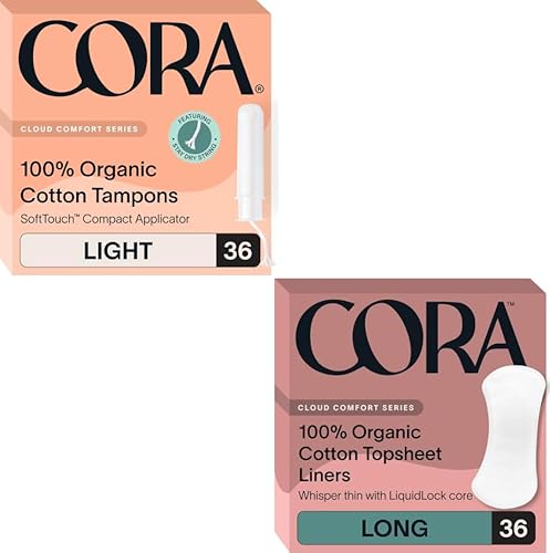 Cora Period Essentials | Organic Cotton Long Liners & Light Absorbency Applicator Tampons | Ultra Thin, Quick Absorbency | Hypoallergenic, Dermatologically Tested | Eco-Conscious | 36 Long Liners & Ta
