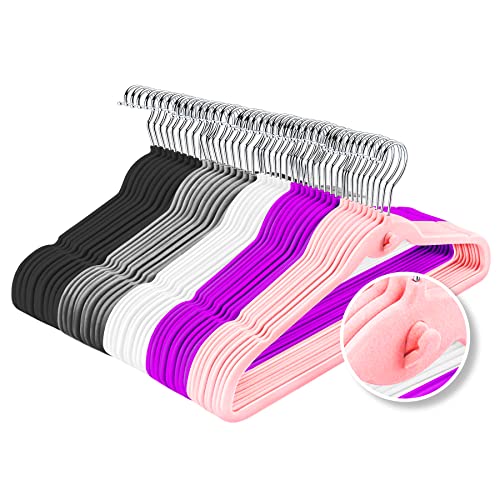 Multi-Color Velvet Hangers 50 Pack with Cascading Hooks, Non-Slip Black, Pink, White, Grey, and...