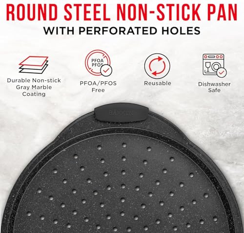 Non-Stick Pizza Pan with Silicone Handle 1 Pack, 13 Inch Round Carbon Steel Tray with Perforated Holes, Dishwasher & Oven Safe Up To 450°F, PFOAPFOSPTFE Free, Durable Nonstick Gray Coating