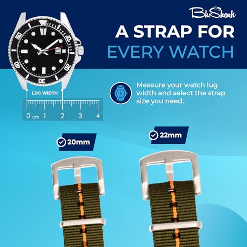 Image of BluShark - Original Collection Military-Style Waterproof Watch Strap, Fits All Timepiece Brands, Durable Nylon Wristwatch Accessories with Stainless Steel Buckle - 18mm, 20mm, 22mm & 24mm Watch Bands