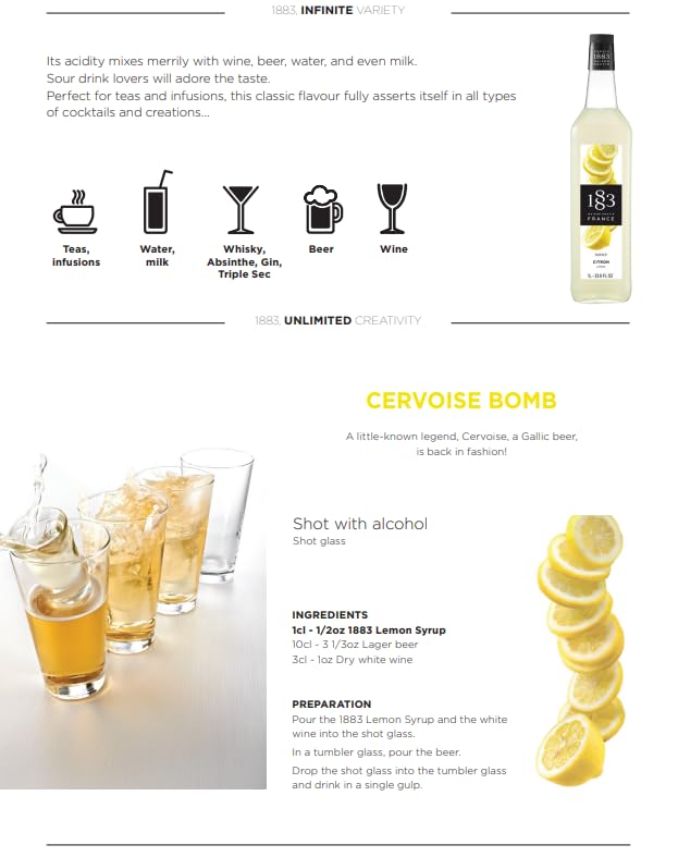 Image of 1883 Lemon Syrup for Drinks, Made in France, 1 Liter Glass Bottle