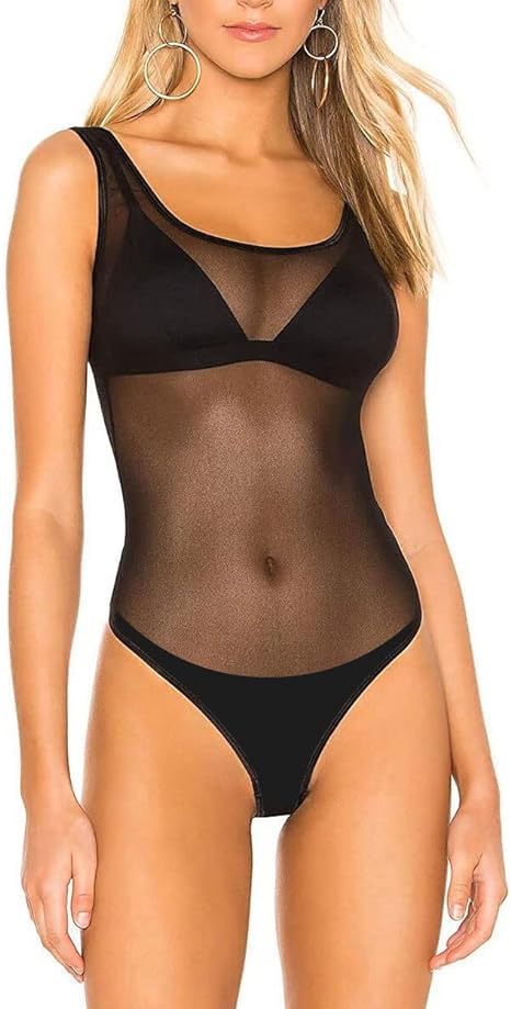 Women's Sheer Black Bodysuit, Sleeveless Leotard, One-Piece Swimwear