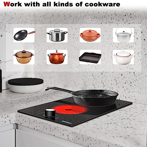 Image of Karinear 110V Electric Cooktop 2 Burners, 19 Inch Electric Stovetop Knob Control, 110v Outlet Plug, Countertop Use or Built-in Radiant Ceramic Cooktop, 9 Power Level