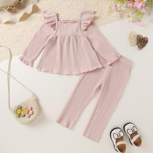 Toddler Girl Fall Winter Outfit Sets Flutter Long Flare Sleeve Smocked Top Stretchy Trousers Knitted Clothing 2-6Y3