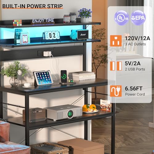 Aheaplus Bakers Rack with Power Outlet, Microwave Stand, 5 Tiers Coffee Bar Station with Led Lights, Kitchen Storage Shelf with 6 S-shaped Hooks, Kitchen Rack Coffee Bar Stand, Black - view 1