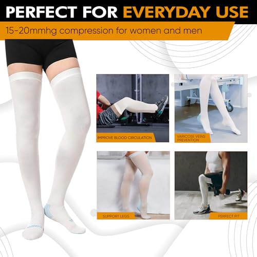 Doc Miller AE-THIGHHIGH-1520 Ted Hose Thigh High Anti Embolism Stockings For Women & Men, Hospital Style Surgical Stockings, Plus Size White Compression Socks 15-20Mmhg thumb #1
