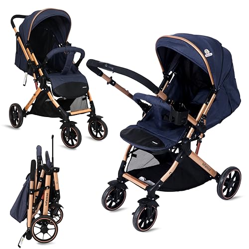 Image of Infantso GlideX Premium Baby Stroller / Pram, Reversible Handle, One-Hand Fold and 360 Rotating Wheels,, Travel Friendly, 5 Points Safety Harness, Extendable Canopy, Multilevel Recline, Adjustable Footrest, Easy Fold, Shock Absorption Wheels, for babies 0 to 3 years ( Golden Blue )
