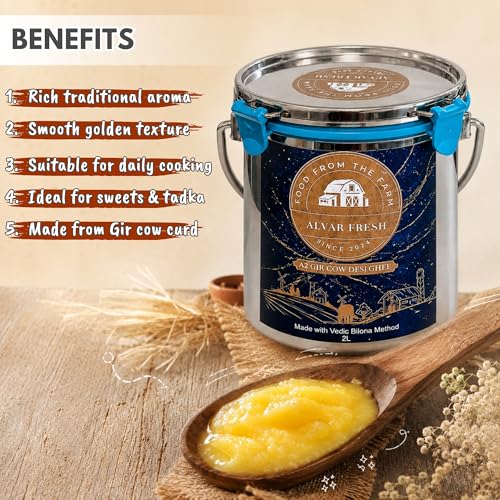 Image of Alvar Fresh A2 Gir Cow Desi Ghee (2LTR) with Stainless Steel Dolchi, Traditional Hand-Churned Pure Cow Ghee,Traditional Bilona Method | Cultured Pure Natural and Healthy Ghee