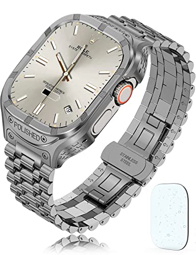 San Jeirie for Apple Watch Ultra Strap 49mm,Stainless Steel Apple Watch Ultra Band and Case,Rugged Metal Protective Bumper Cover with Military Soft TPU Case for Men iWatch Strap (Grey)