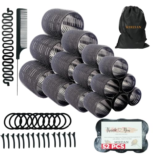Mirzian 20 bigodini per capelli neri, 10 bigodini in velcro autoaderenti senza calore, 10 clip a becco d'anatra, bigodini neri per capelli lunghi, senza rulli termici (35 mm)