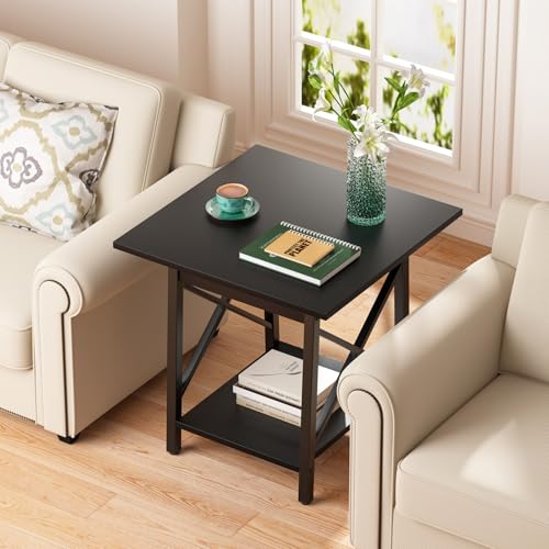 Image of GreenForest Square End Table 24 Inch with X-Frame 2-Tier Storage | Nightstand for Living Room & Bedroom, Rustic Decor, Sturdy, Waterproof Scratchproof Top, Easy Assembly, Black