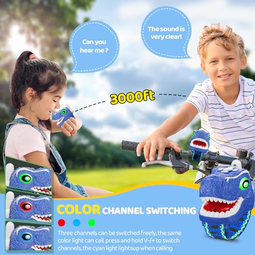 Image of Dinosaur Walkie Talkies for Kids, 2 Pack T-Rex Dino Wrist Walkie Talkies for Boys Girls Ages 3-12, 3 Channel Long Range Kids Toys for Camping Outdoor Adventures, Christmas Birthday Gifts