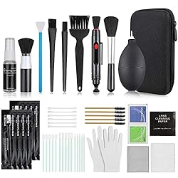 75 en 1 Kits Limpieza Cámara Reflex Profesional pa...: 75 en 1 kits limpieza : Soplador de aire de modo cohete 1, 2 en 1 Cepillo de lente 1, Cepillo 1, Cepillo de belleza 1, Cepillo de lentes 5, Papeles de lente 20, 16mm Palo de limpiar 4, 24mm Palo de limpiar 4, Detergente 1, Paños de limpieza de lente ...